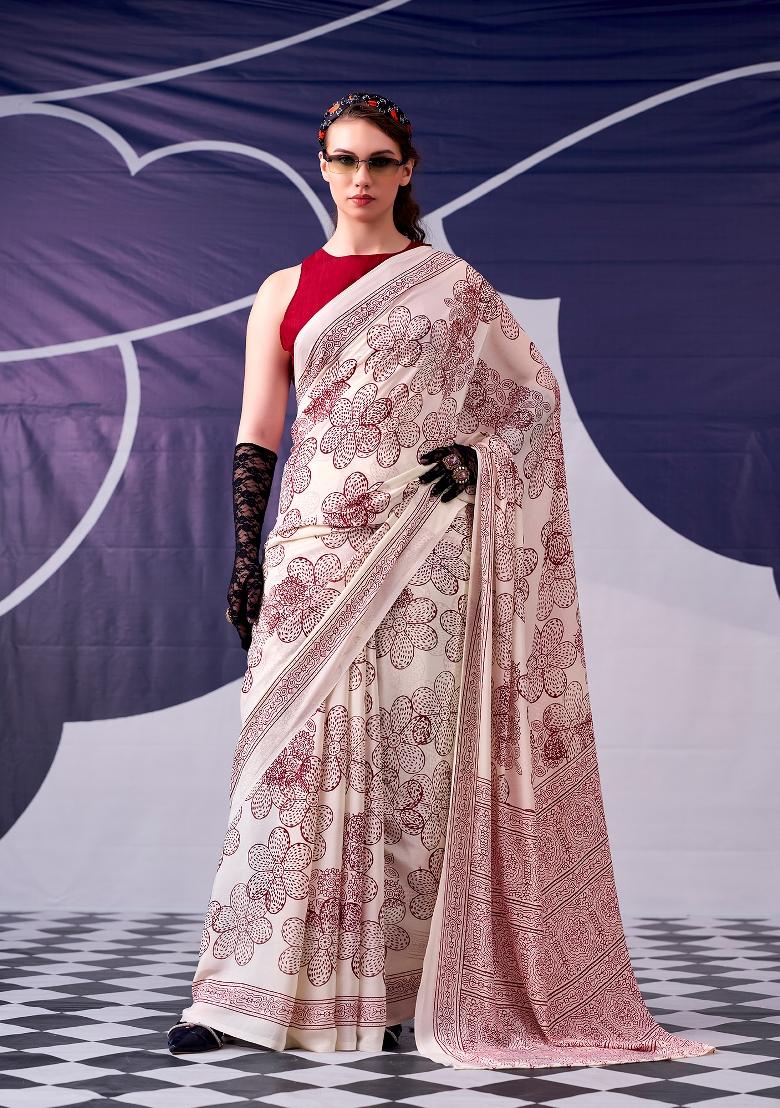 Maroon Floral Print Silk Blend Saree Set - Indya