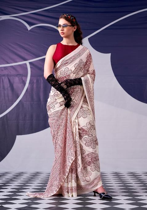 Maroon Floral Print Silk Blend Saree Set