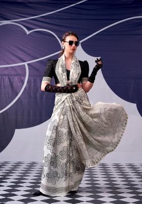 Black Floral Print Silk Blend Saree Set