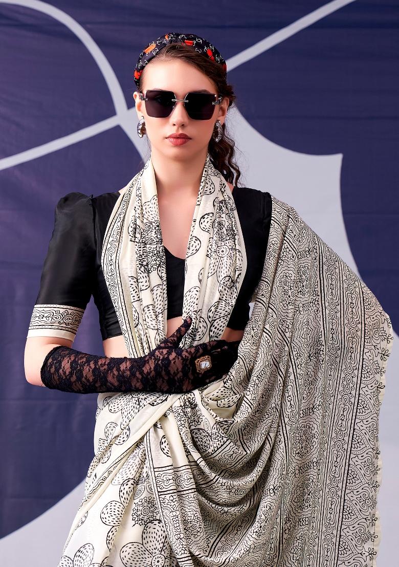 Black Floral Print Silk Blend Saree Set - Indya
