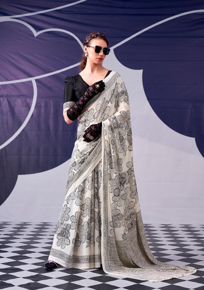 Black Floral Print Silk Blend Saree Set - Indya