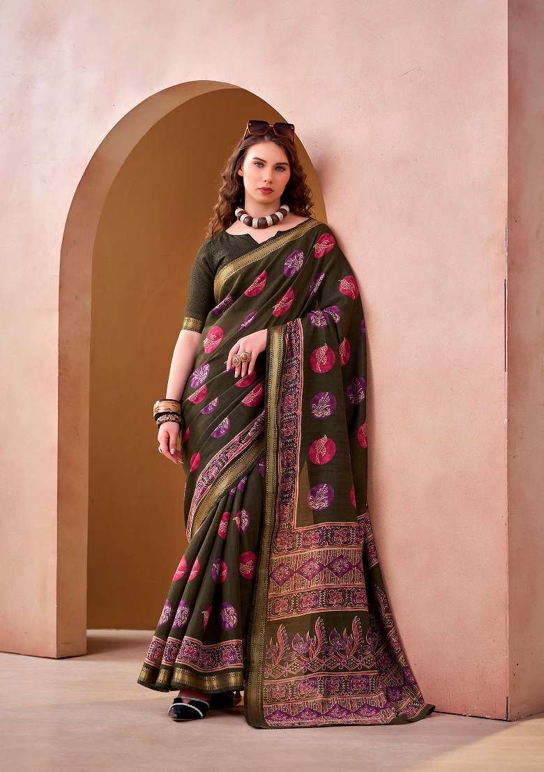Mehendi Chanderi Saree Set with Printed for Diwali | Wedding & Festive Wear - Indya