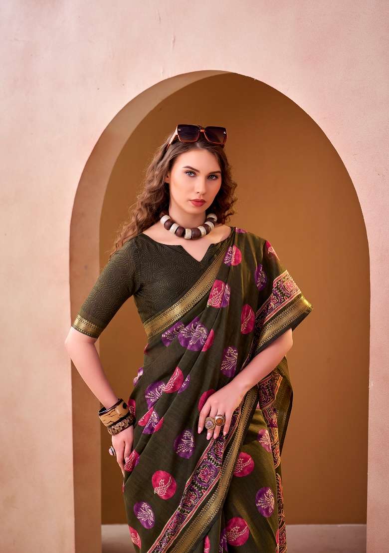 Mehendi Chanderi Saree Set with Printed for Diwali | Wedding & Festive Wear - Indya