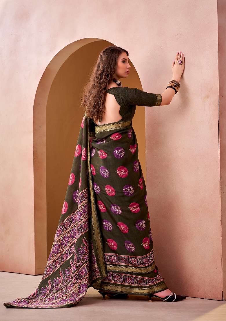 Mehendi Chanderi Saree Set with Printed for Diwali | Wedding & Festive Wear - Indya