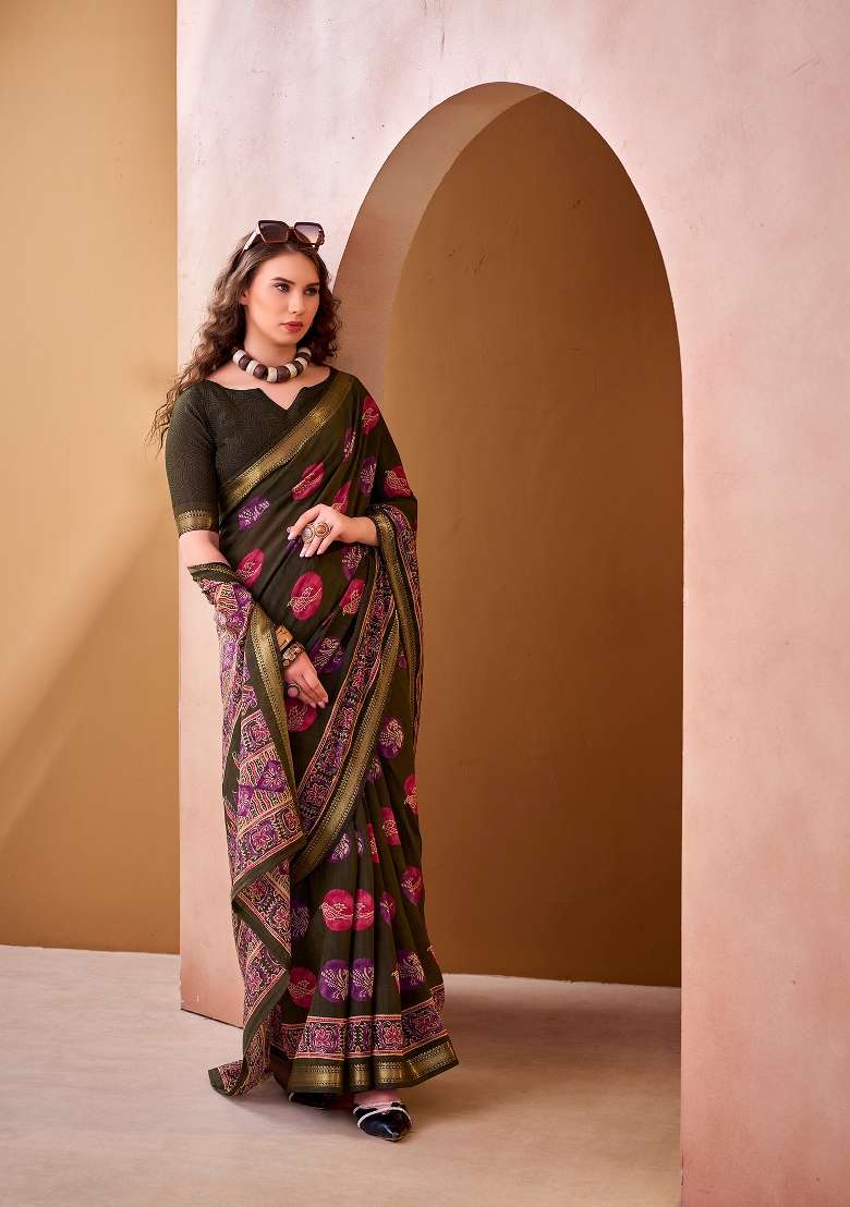 Mehendi Chanderi Saree Set with Printed for Diwali | Wedding & Festive Wear - Indya