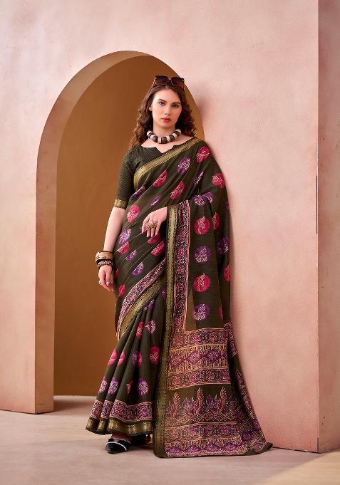 Mehendi Printed Chanderi Saree Set