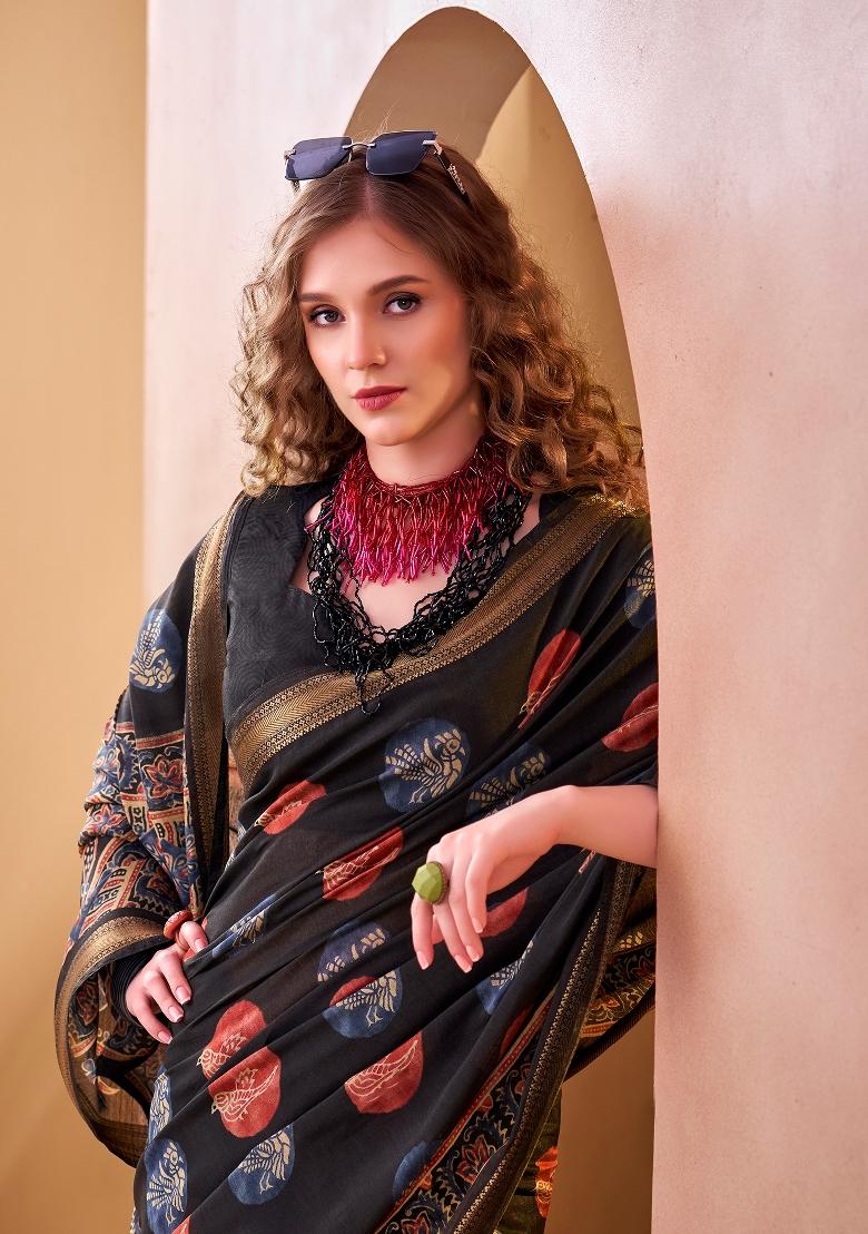 Black Printed Chanderi Saree Set - Indya