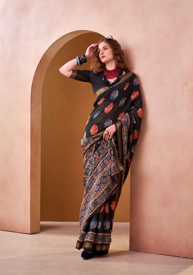Black Printed Chanderi Saree Set for Diwali and Festive Wear - Indya