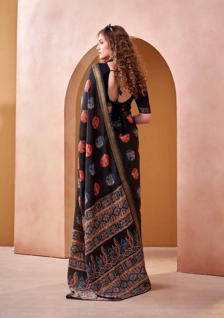 Black Printed Chanderi Saree Set for Diwali and Festive Wear - Indya
