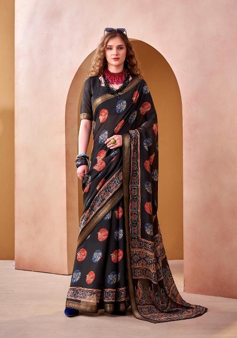 Black Printed Chanderi Saree Set