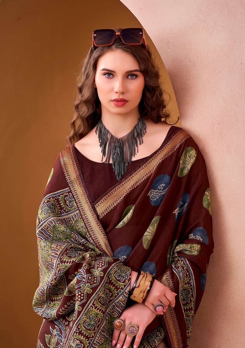 Maroon Printed Chanderi Saree Set for Diwali and Festive Wear - Indya