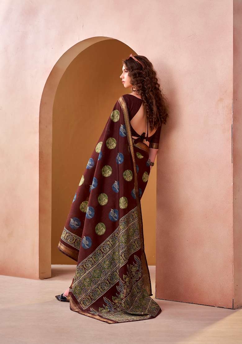 Maroon Printed Chanderi Saree Set for Diwali and Festive Wear - Indya