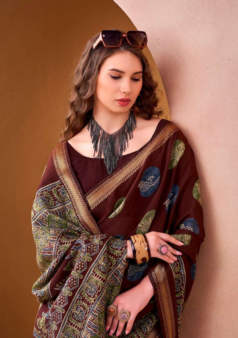 Maroon Printed Chanderi Saree Set for Diwali and Festive Wear - Indya