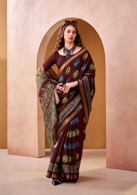 Maroon Printed Chanderi Saree Set