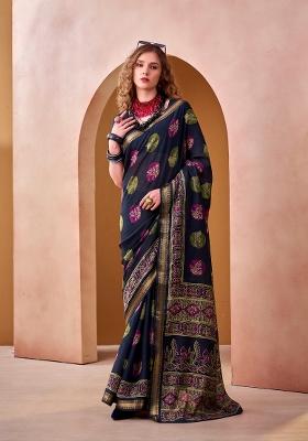 Navy Blue Printed Chanderi Saree Set