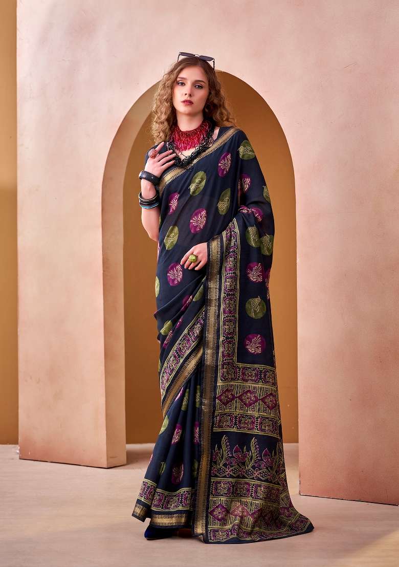 Navy Blue Printed Chanderi Saree Set for Diwali and Festive Wear - Indya