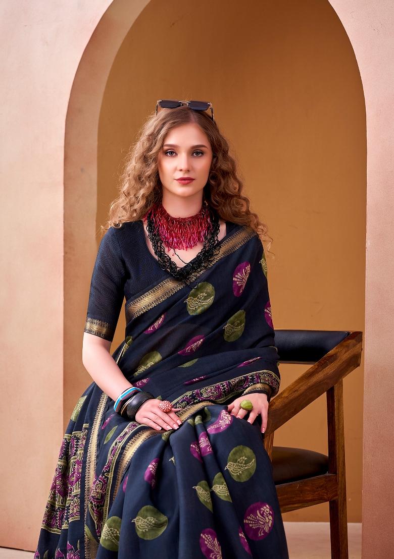 Navy Blue Printed Chanderi Saree Set - Indya