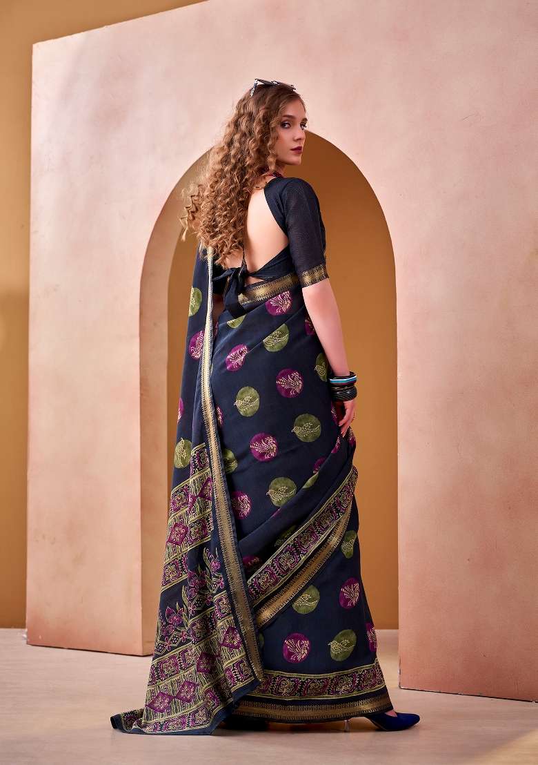 Navy Blue Printed Chanderi Saree Set for Diwali and Festive Wear - Indya