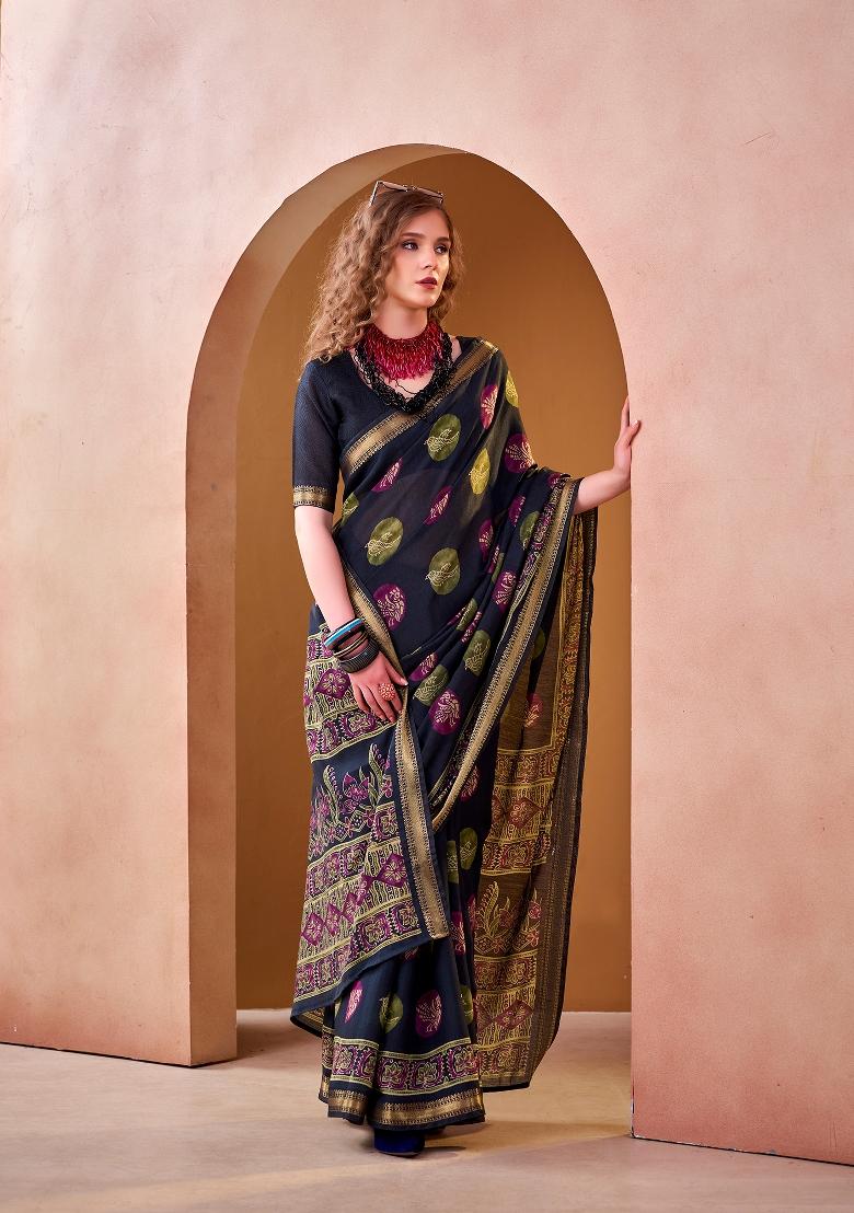 Navy Blue Printed Chanderi Saree Set - Indya