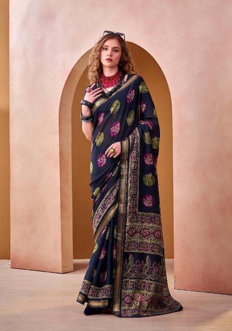Navy Blue Printed Chanderi Saree Set