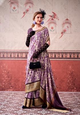 Lavender Printed Silk Blend Saree Set