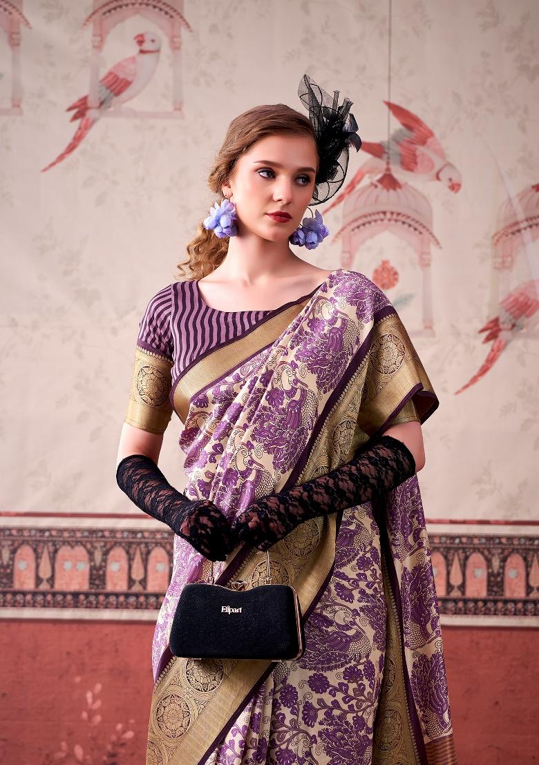 Lavender Printed Silk Blend Saree Set - Indya