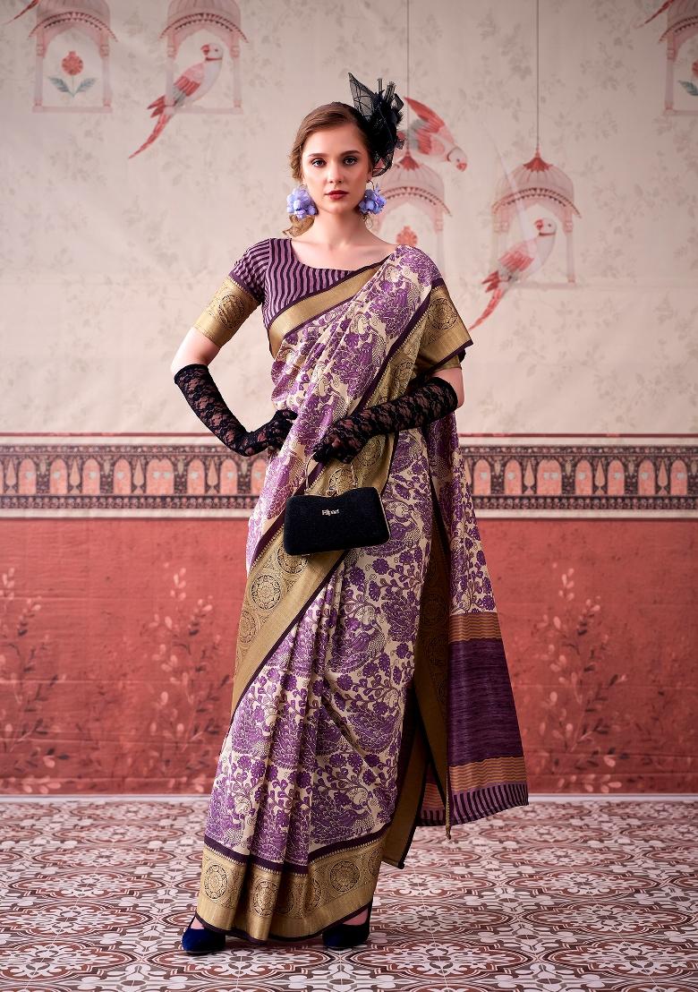 Lavender Printed Silk Blend Saree Set - Indya