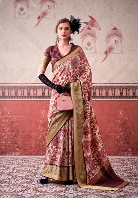 Pink Printed Silk Blend Saree Set