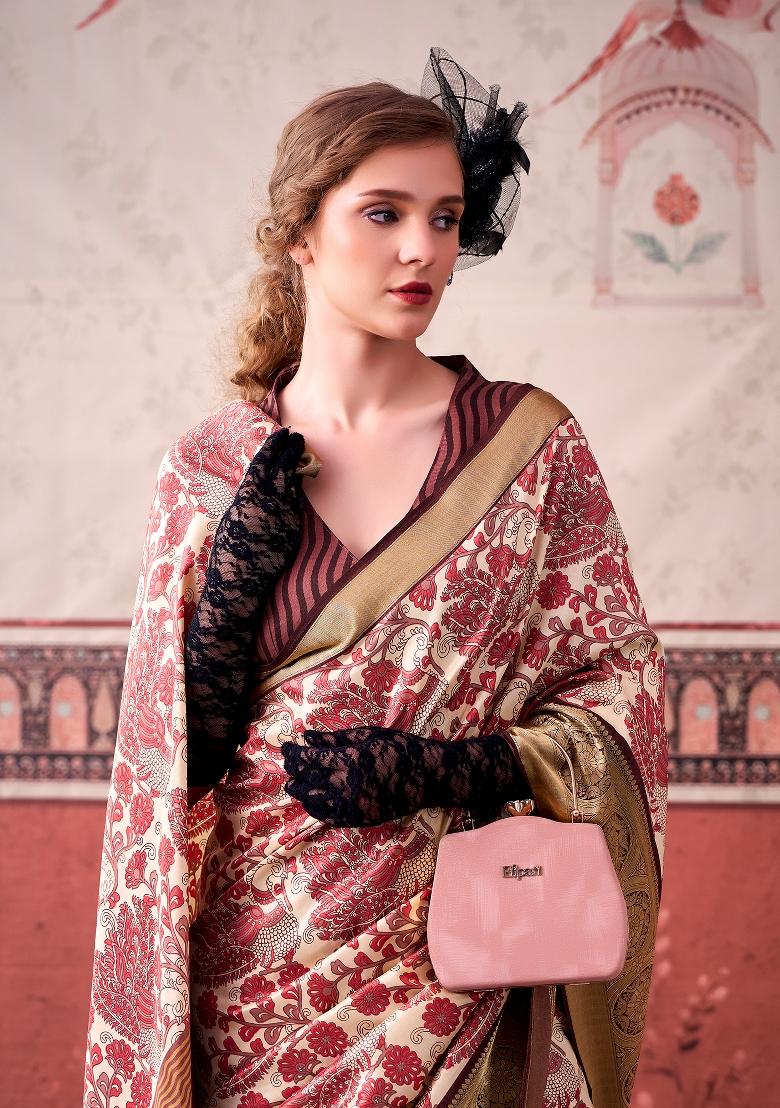 Pink Printed Silk Blend Saree Set - Indya