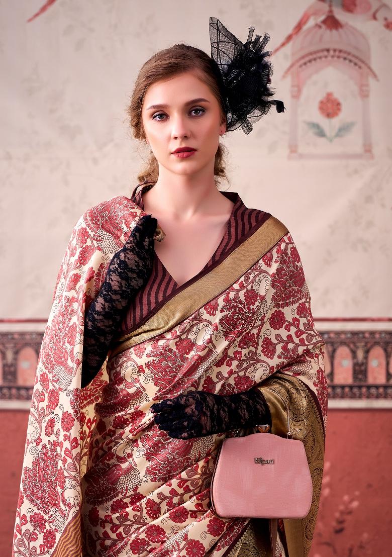 Pink Printed Silk Blend Saree Set - Indya