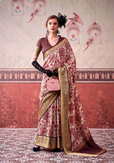 Pink Printed Silk Blend Saree Set