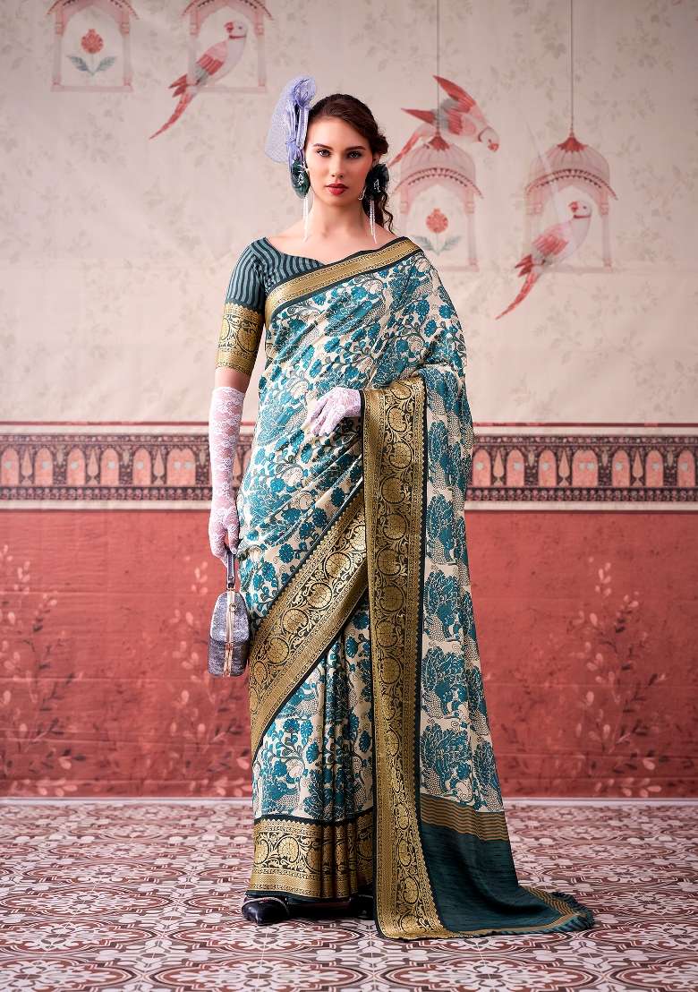 Sky Blue Printed Silk Blend Saree Set for Diwali and Festive Wear - Indya