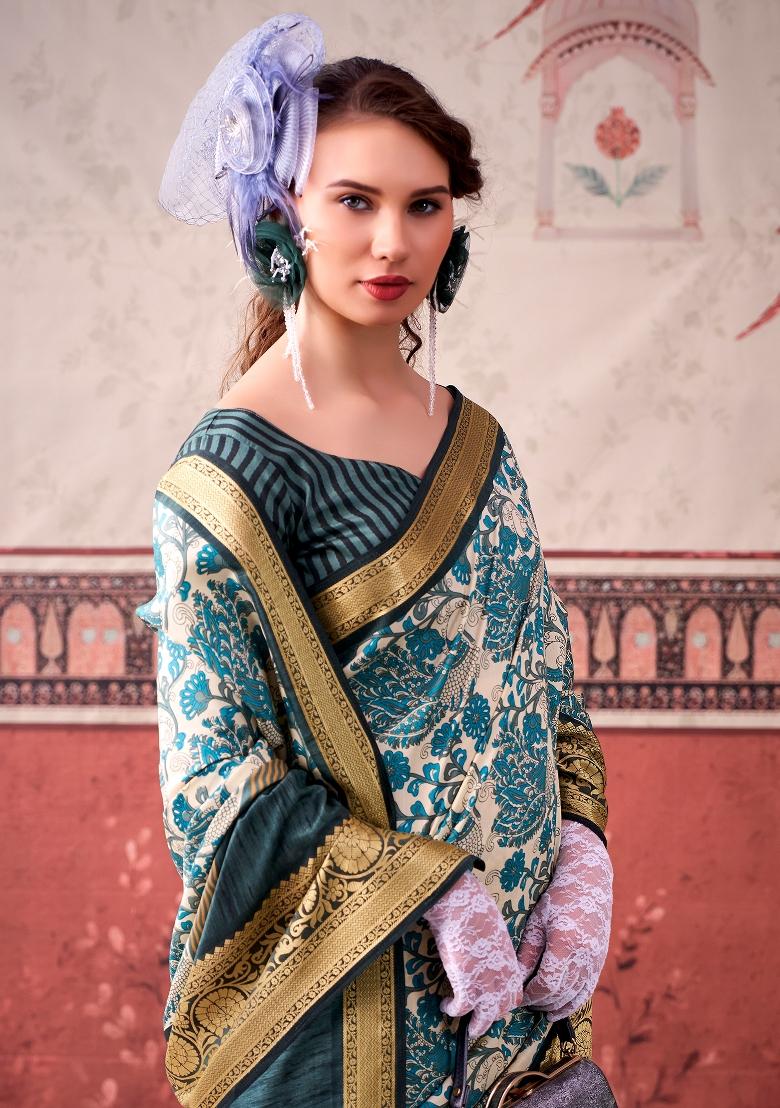 Sky Blue Printed Silk Blend Saree Set - Indya