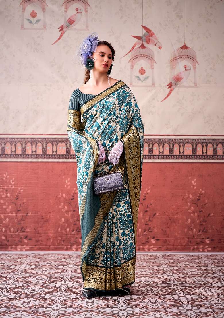 Sky Blue Printed Silk Blend Saree Set for Diwali and Festive Wear - Indya
