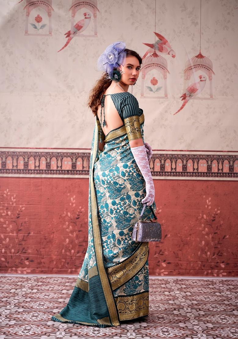 Sky Blue Printed Silk Blend Saree Set - Indya
