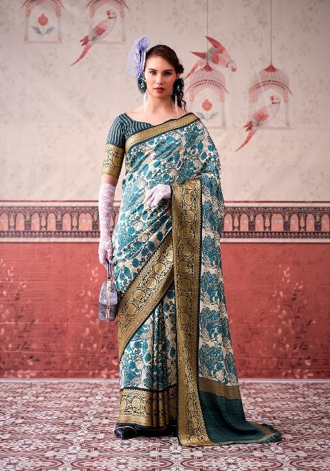 Sky Blue Printed Silk Blend Saree Set