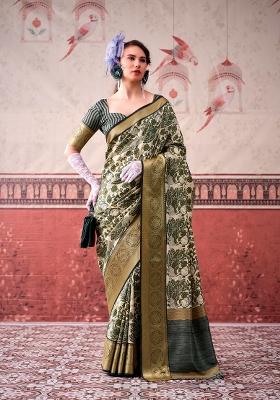 Mehendi Printed Silk Blend Saree Set