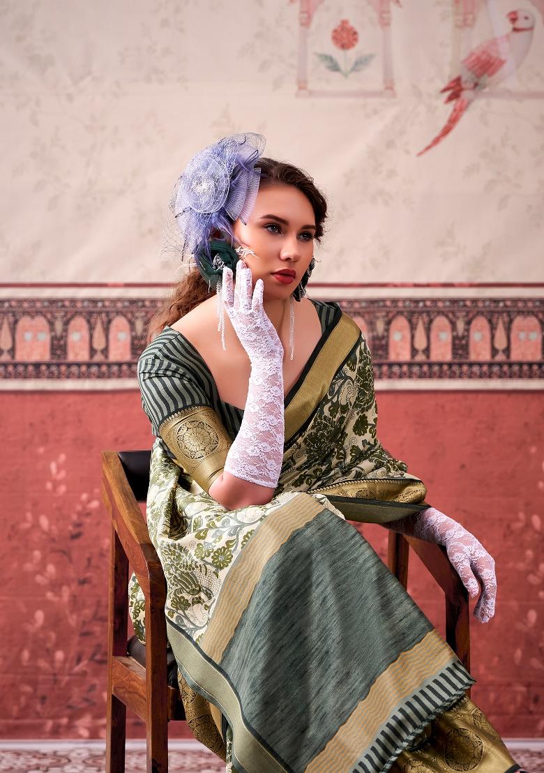 Mehendi Printed Silk Blend Saree Set - Indya