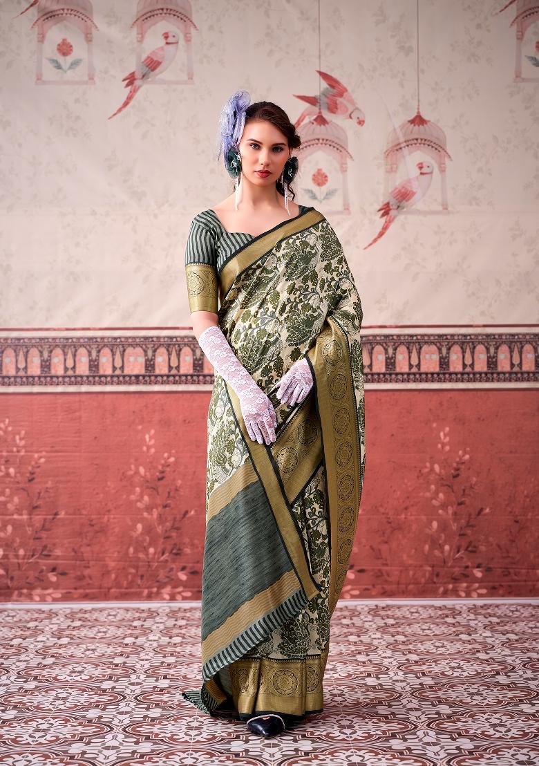 Mehendi Printed Silk Blend Saree Set - Indya