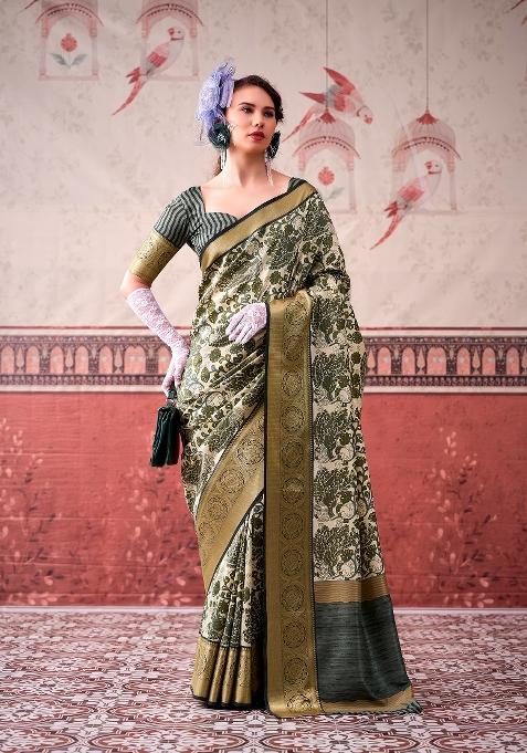 Mehendi Printed Silk Blend Saree Set