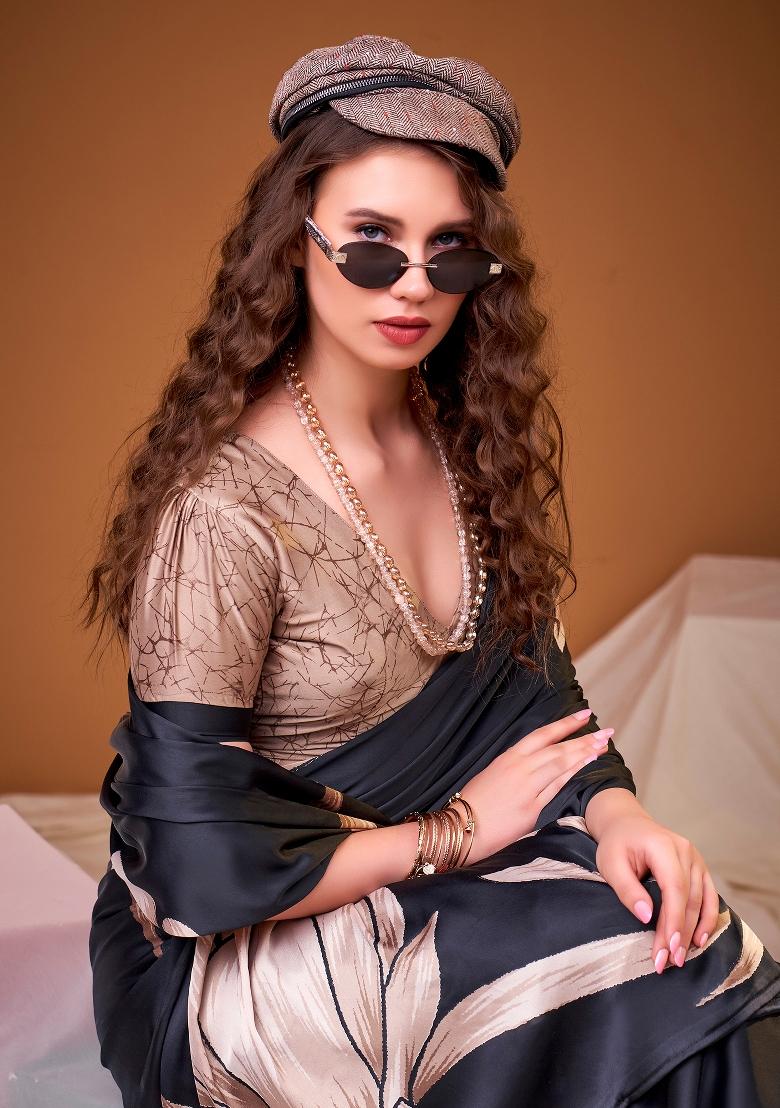 Black Floral Print Silk Blend Saree Set - Indya