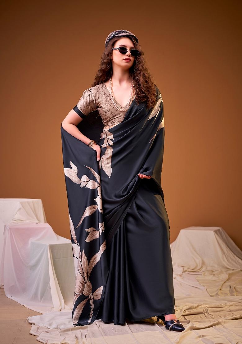 Black Floral Print Silk Blend Saree Set - Indya