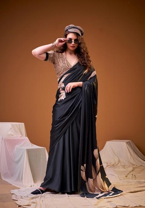Black Floral Print Silk Saree Set