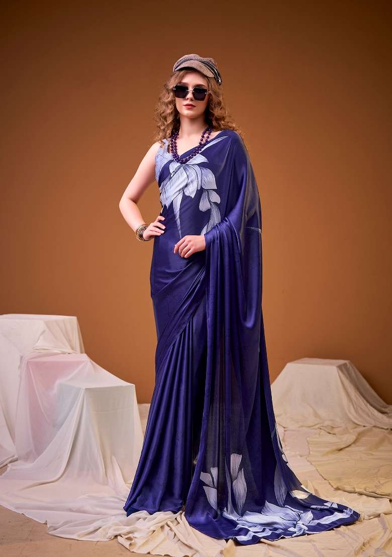 Navy Blue Silk Blend Saree Set with Floral Print for Diwali | Wedding & Festive Wear - Indya