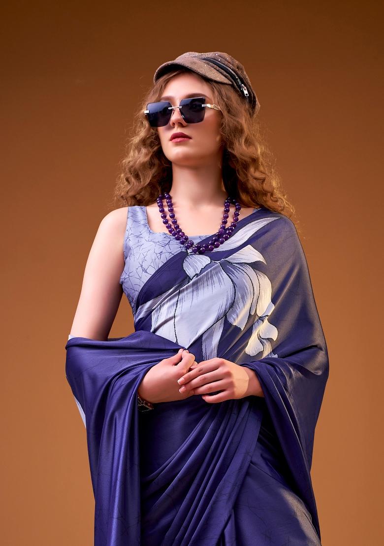 Navy Blue Floral Print Silk Blend Saree Set - Indya