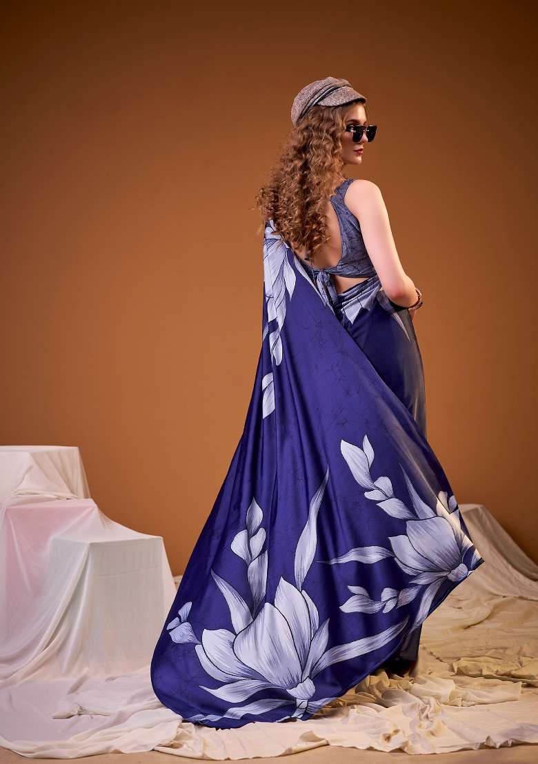 Navy Blue Silk Blend Saree Set with Floral Print for Diwali | Wedding & Festive Wear - Indya