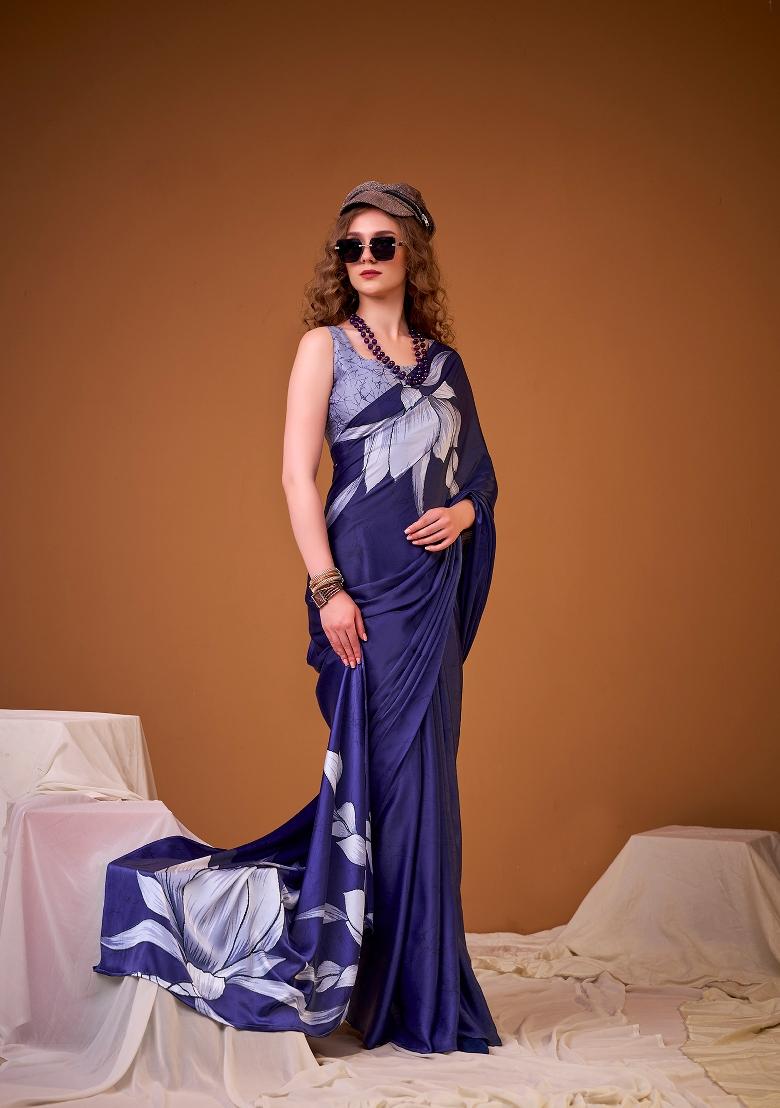 Navy Blue Floral Print Silk Blend Saree Set - Indya