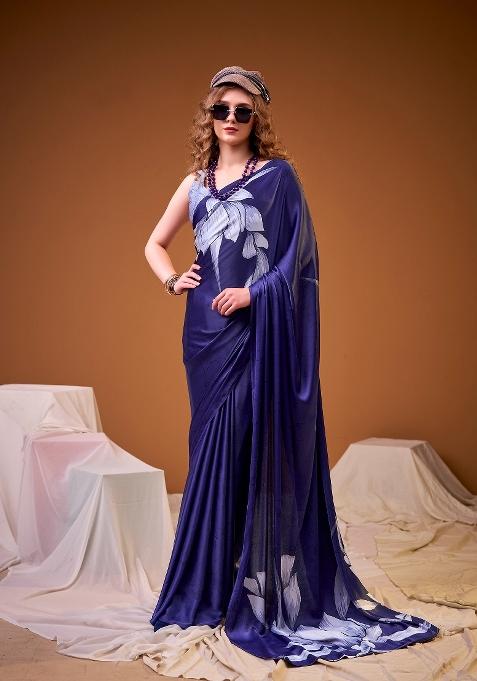 Navy Blue Floral Print Silk Saree Set