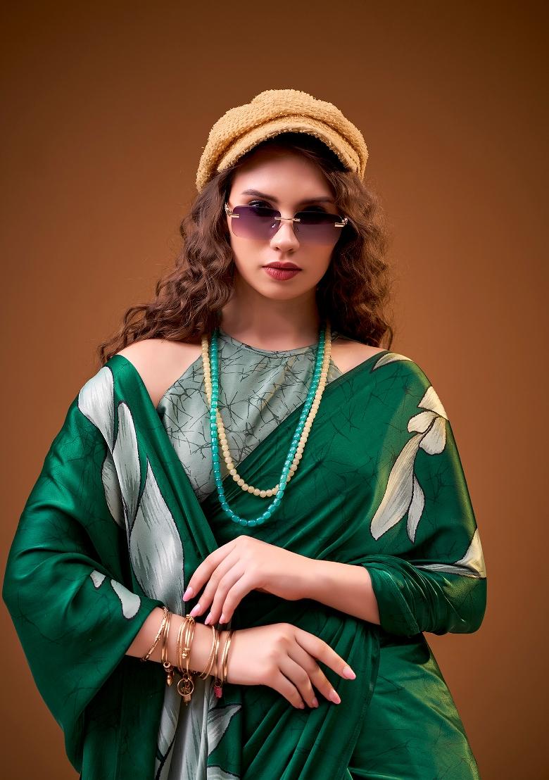 Green Floral Print Silk Blend Saree Set - Indya