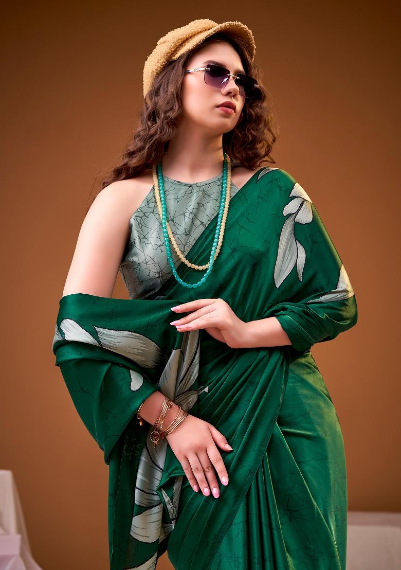 Green Floral Print Silk Blend Saree Set - Indya